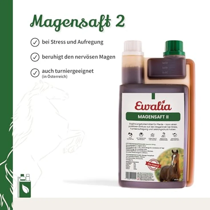 Ewalia NEU! Magensaft II, Spezial-Ergänzungsfuttermittel für Pferde bei Stress & Turnieraufregung, 100% natürliche Inhaltsstoffe, 1 Liter – Bild 2