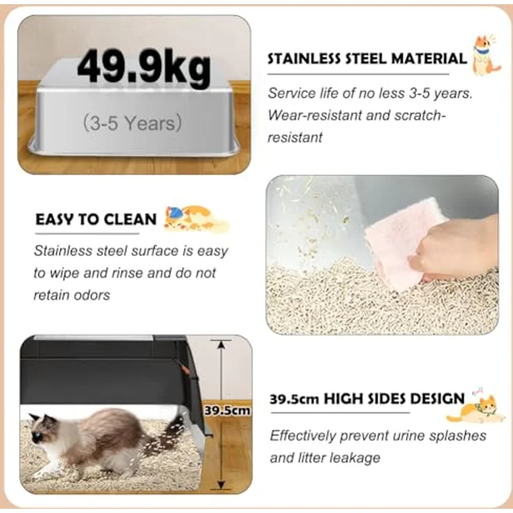 Vivifying XL Katzenklo Edelstahl mit Deckel, geruchsresistent, leicht zu reinigen, rostfreier Stahl mit Trittschutz, Schaufel und Matte (Schwarz) – Bild 4