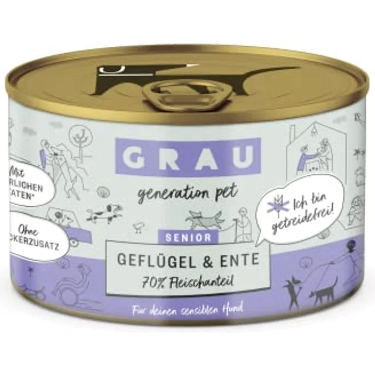 GRAU – das Original – Nassfutter für Hunde – Senior – Geflügel & Ente, getreidefrei, 6er Pack (6 x 200 g) für sensible ältere Hunde, leicht verdaulich