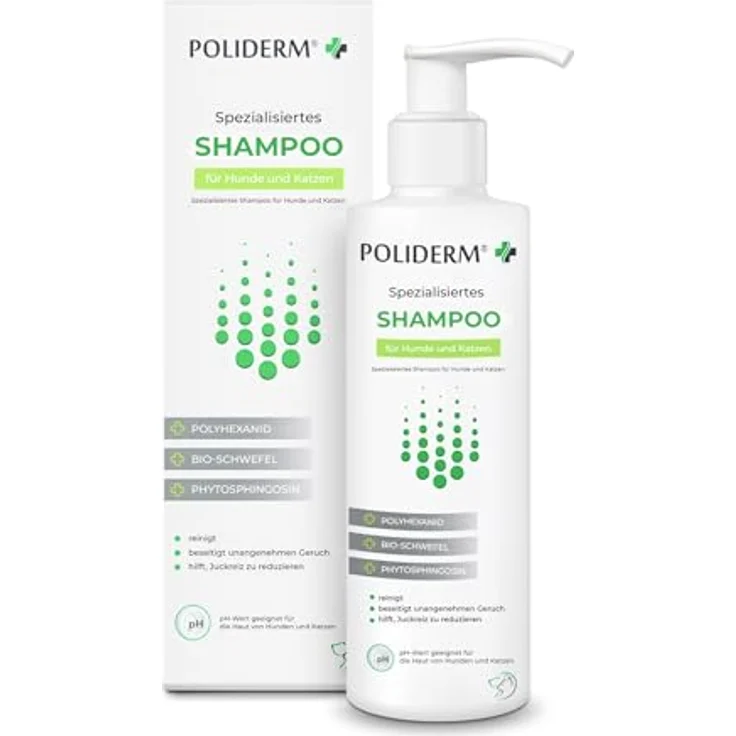 Poliderm Hundeshampoo sensitiv, medizinisches Shampoo gegen Juckreiz & Schuppen für Hunde & Katzen mit Polyhexanidin, Bioschwefel, Phytosphingosin – 250ml – Bild 1