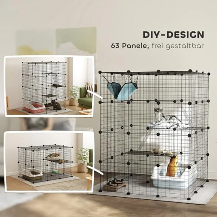 PawHut 4-stöckiger Katzenkäfig für 1-3 Katzen, 105 x 105 x 140 cm, schwarz, anpassbares Layout mit 5 Türen, Kletter- und Sprungplattformen – Bild 4