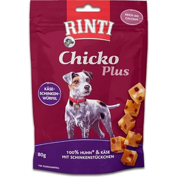 Rinti Chicko Plus Käse-Schinken-Würfel, Doppelpack 2 x 80 g, Leckerli aus Hühnerbrustfilet mit herzhaften Käsestückchen und Schinken, schonend luftgetrocknet – Bild 2