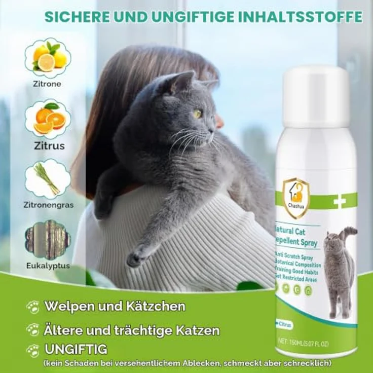Chaohua Katzenabwehrspray, Verbesserte Fernhaltespray mit natürlichen Wirkstoffen, 150ml, grün, für Innen und Außen – Bild 2