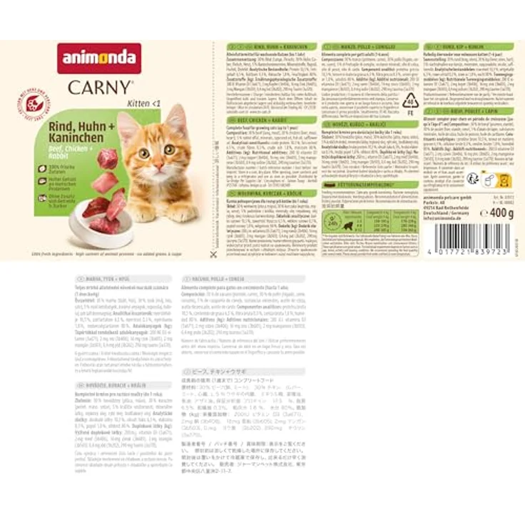 animonda Carny Kitten Nassfutter, Rind, Huhn + Kaninchen, 12x400g, ausgewogene Ernährung für wachsende Katzen – Bild 6