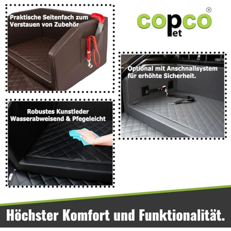 CopcoPet Hundebox für Auto, Kofferraumschutz mit Ladekantenschutz, herausnehmbare Matte und Anschnallsystem, 80x55x38cm, Braun – Bild 4