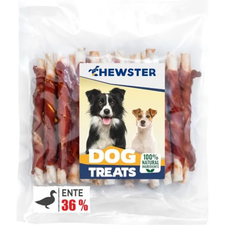 CHEWSTER Kaustangen für Hunde mit Ente, 36% Fleischanteil, getreidefrei, 350 g