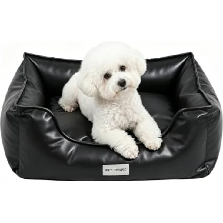 Marchul Hundebett Kunstleder, Wasserdichtes Katzensofa mit rutschfester Unterseite, 60 × 45cm, Schwarz – Bild 1