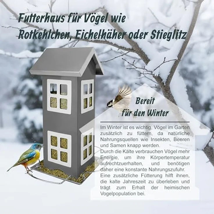 Relaxdays Vogelhaus, Metall, grau, zum Aufhängen mit 2 Etagen, HxBxT: 26 x 12 x 12 cm, Futterstation für Garten und Balkon – Bild 2