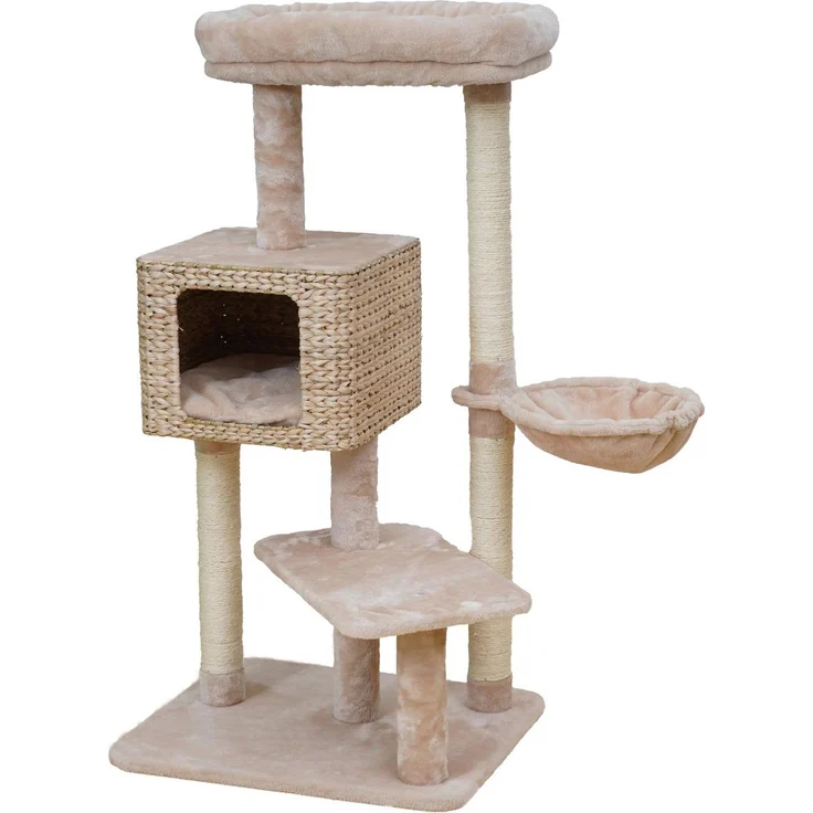 Europet Bernina Kratzbaum Bogota, 114 cm hoch, mit Sisal-Kratzsäulen und Wasserhyazinthen-Katzenhaus, beige