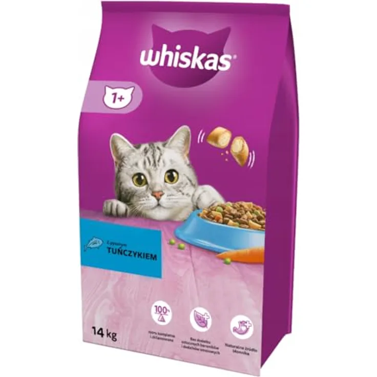 Whiskas 1+ Thunfisch, Katzen-Trockenfutter mit Knackits und Omega-Fettsäuren, 14 kg