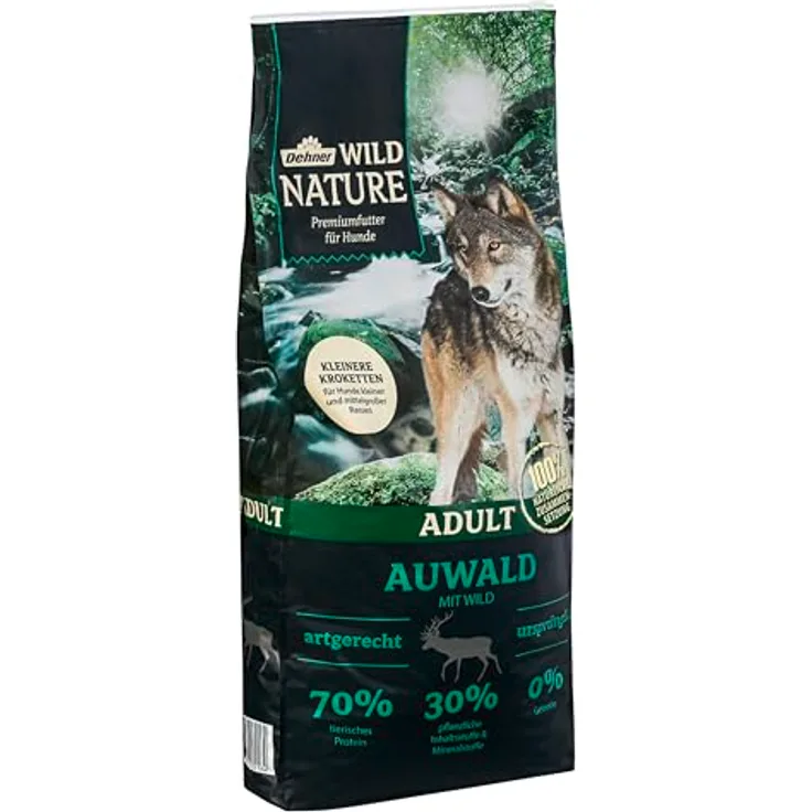 Dehner Wild Nature Hundefutter Auwald, getreidefreies und zuckerfreies Trockenfutter für ausgewachsene Hunde, 12 kg, hohe Fleischanteile, speziell für kleinere und mittlere Rassen