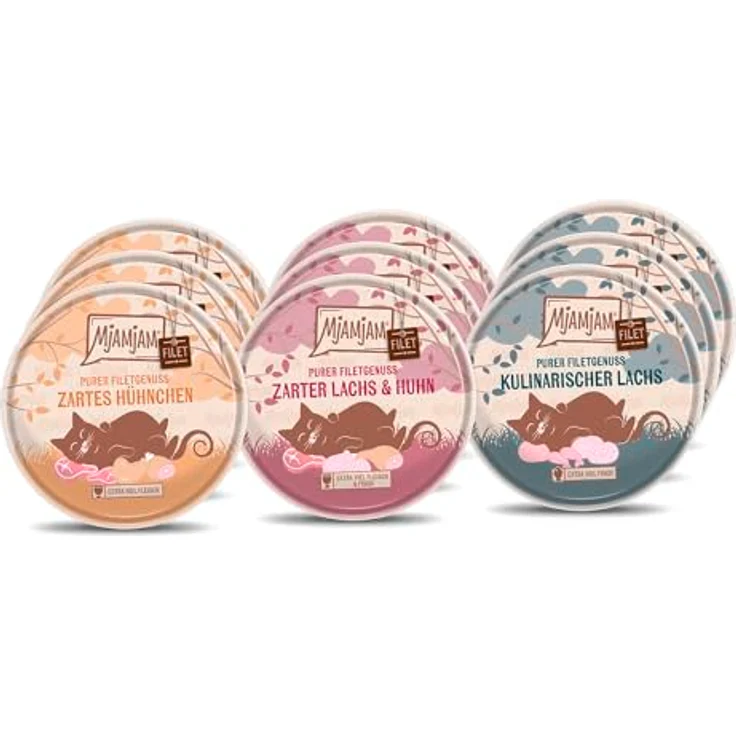 MjAMjAM purer Filetgenuss 9 x 80 g Mixpaket, Nassfutter für Katzen - 3 Sorten (Lachs, Huhn) - Getreide-, gluten-, laktosefrei, 100% natürlich – Bild 2