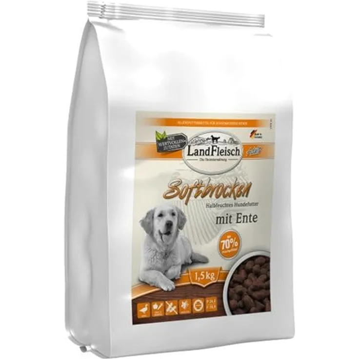 Landfleisch Dog Softbrocken Adult mit Ente, Alleinfuttermittel für Hunde mit 70% Frischgeflügel, 1.5 kg Packung