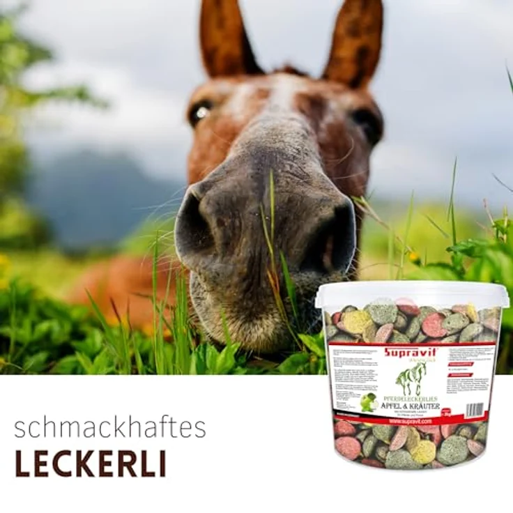 Supravit Pferdeleckerlies Apfel & Kräuter 2kg, natürliche zuckerfreie Snacks für Pferde und Ponys, aromatische Kräutermischung, wiederverschließbarer Eimer – Bild 4