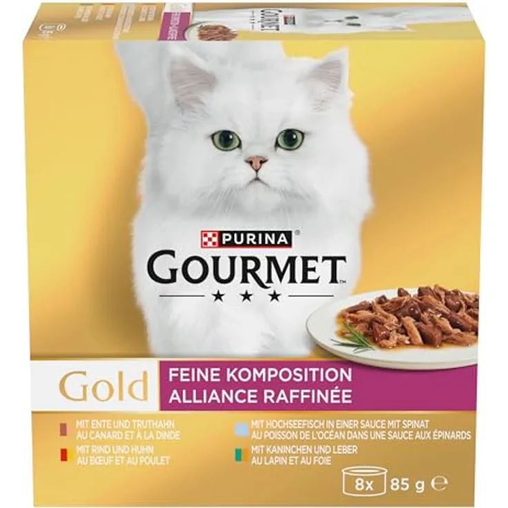 Gourmet Gold Feine Komposition Katzenfutter nass, Sorten-Mix mit Rind, Huhn, Ente, Truthahn, Kaninchen, Leber, Hochseefisch & Spinat, 12er Pack (12 x 85g Dosen)