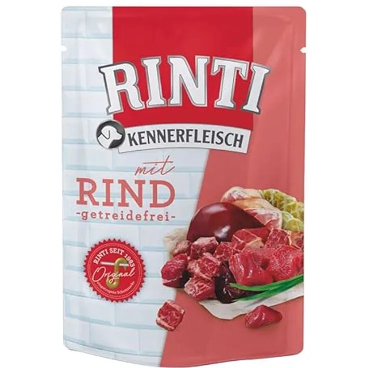 Rinti Kennerfleisch Rind, 10 x 400 g, getreidefreies Alleinfutter für ausgewachsene Hunde im Frischebeutel mit hohem Fleischanteil zur Regulierung der Verdauung