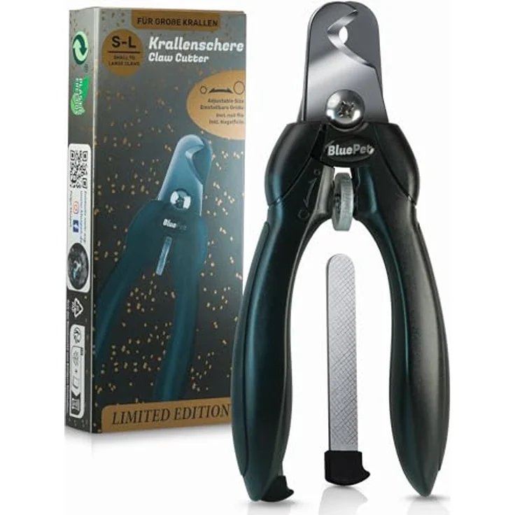 BluePet Profi Krallenschere für Hunde & Katzen, extra scharfer Krallenschneider mit einstellbarer Größe und integrierter Feile für alle Krallendurchmesser – Bild 1