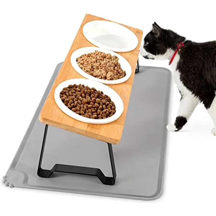 Lannvan Katzennapf Erhöht, 3er Set Keramik mit Silikonunterlage, ergonomisch Neigung 15° für Katzen und kleine Hunde, rutschfest und leicht zu reinigen – Bild 1