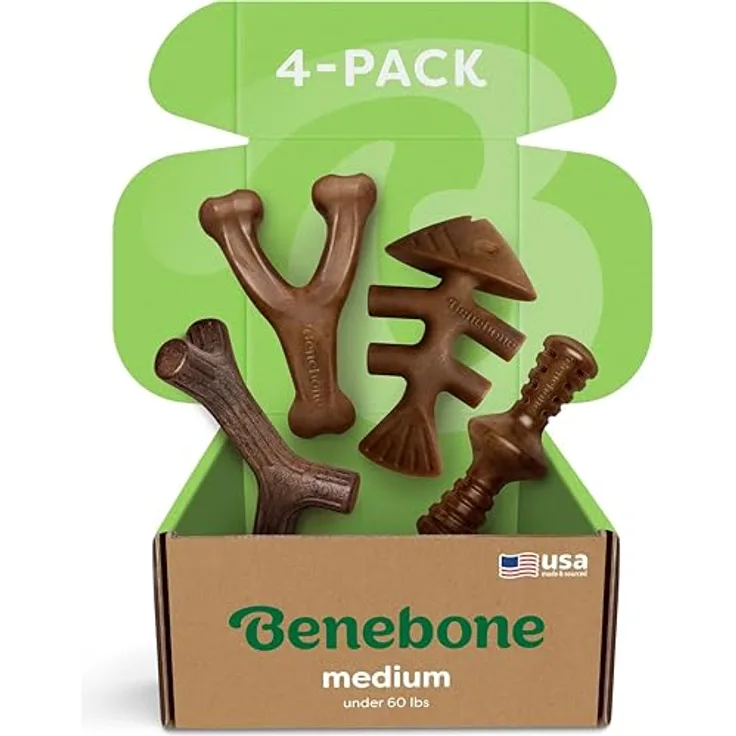 Benebone Durable Dog Chew Toy Box, 4-teiliges Set für aggressive Kaucher mit Wishbone, Fishbone, Stick & Zaggler, Medium
