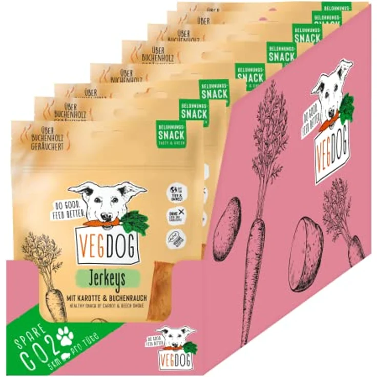VEGDOG Jerkeys hypoallergener Hundesnack, 100% vegan mit Buchenholz Rauch, 9 x 80 g, glutenfrei, für Allergiker mit Karotte und Gemüse – Bild 1