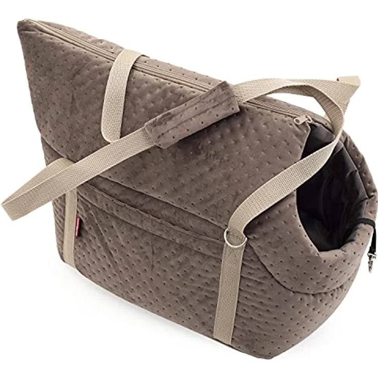 BOUTIQUE ZOO Transporttasche für Hunde und Katzen, Schultertasche aus Wildlederimitat - Velvet, bis 5 kg, Größe S, Braun mit Gummiband und Karabiner – Bild 4