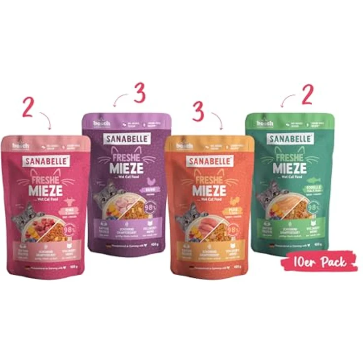 Sanabelle Freshe Mieze Mixtray, Katzen-Nassfutter mit 70% Fleischanteil, getreidefrei, 10x100 g – Bild 2