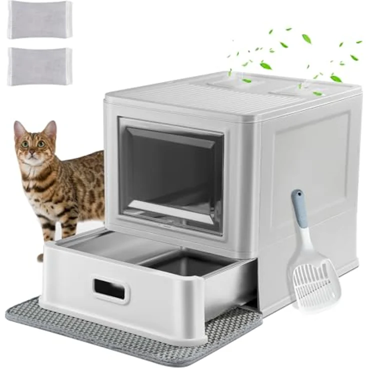 Marchul Katzentoilette, Geschlossene Katzentoilette aus Edelstahl mit Deckel und Schublade, XL für Wohnungskatzen, geruchsfrei mit Lamellen gegen Auslaufen, inkl. Schaufel und Matte – Bild 1