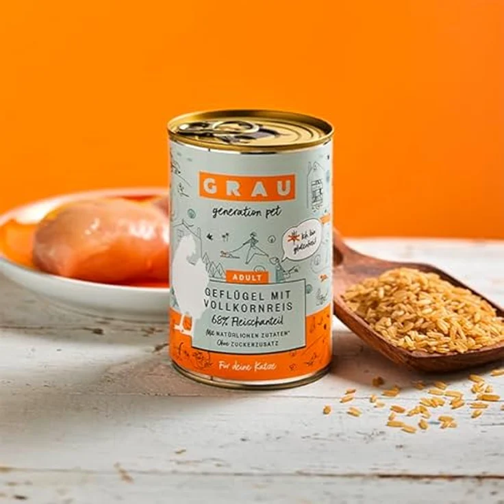 GRAU – das Original – Nassfutter für Katzen, Geflügel mit Vollkornreis, 6er Pack (6 x 200 g), glutenfrei, leicht verdaulich, für sensible Erwachsene Katzen – Bild 2