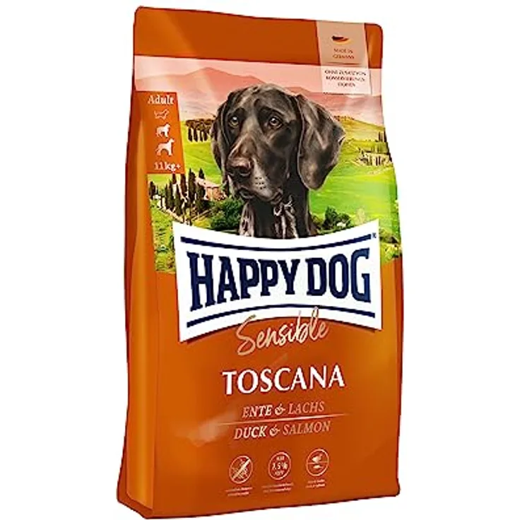 Happy Dog Sensible Trockenfutter Adult Toscana, weizenfrei, mit Ente und Lachs, 4 kg