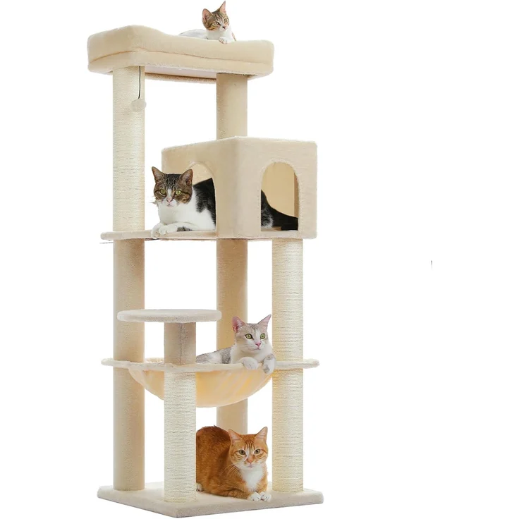 PURPURRA Großer Kratzbaum mit verstärkten Kratzstämmen (8,1 cm) für große Katzen, 146,8 cm, 13,6 kg, stabil und ergonomisch