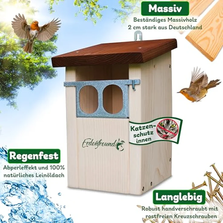 ERDENFREUND® Nistkasten Rotkehlchen, räubersicher mit Marder-/Katzenschutz, Doppel-Nischeneinflug, Lichtschacht und Spechtschutz – Bild 2