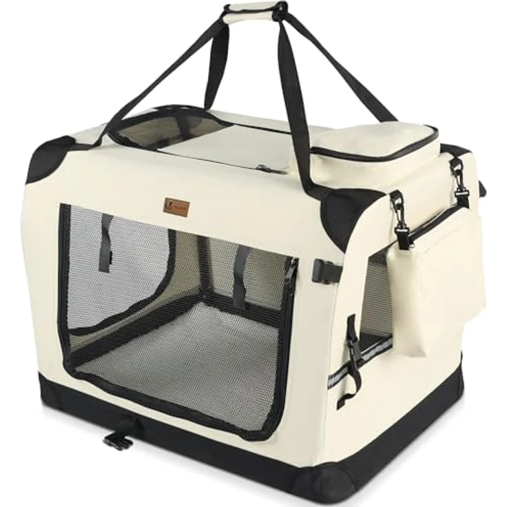 VOUNOT faltbare Hundebox XL, Transportbox für Hunde und Katzen, atmungsaktives Oxford-Gewebe, 82x60x60cm, beige, mit Grifffunktion und Taschen – Bild 1