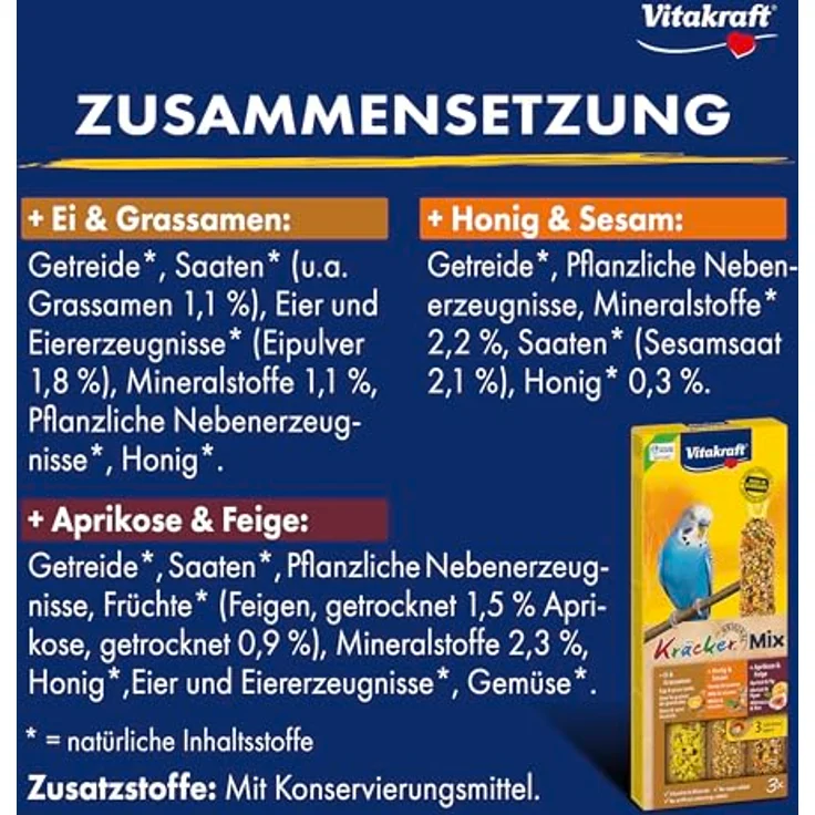 Vitakraft Kräcker Mix, Vogelsnack Knabberstangen, mit Ei, Grassamen, Aprikose, Feige, Honig und Sesam, zur Schnabelpflege, ohne Zuckerzusatz (10x 80g) – Bild 4