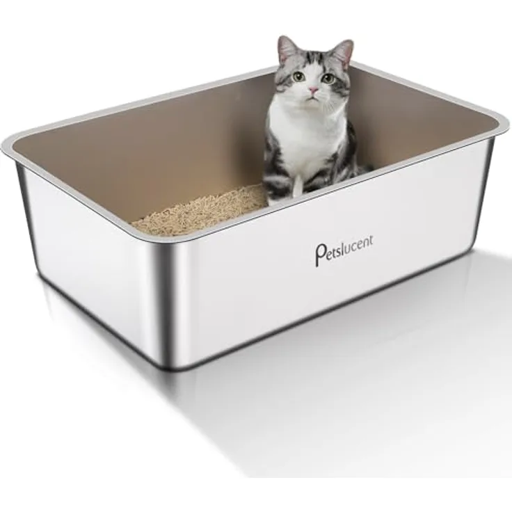 Petslucent Edelstahl Katzentoilette, extra große Metall-Liter-Box mit hohen Seitenwänden, leicht zu reinigen, antihaftbeschichtet, 50 cm x 35 cm x 15 cm