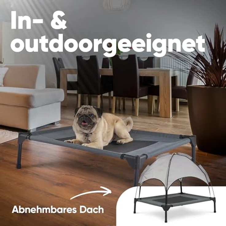 Deuline Hundeliege M mit Dach, erhöhtes Hundebett für Garten & Outdoor, grau, 76x61x18/71 cm – Bild 4