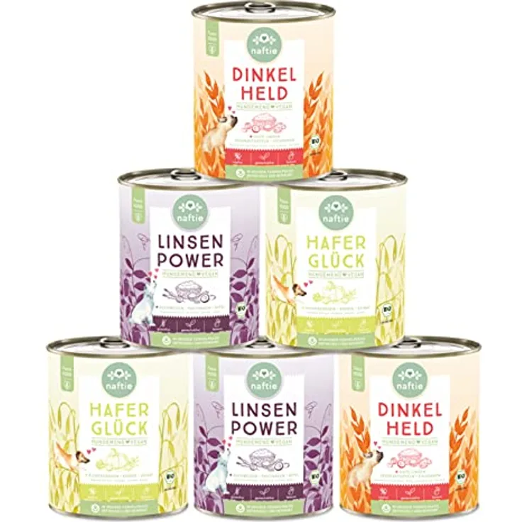 naftie veganes Hundefutter Mixpaket - Bio Nassfutter vegan, 3 Sorten, purinarm, 6x800g, Diät-Futter für Hunde