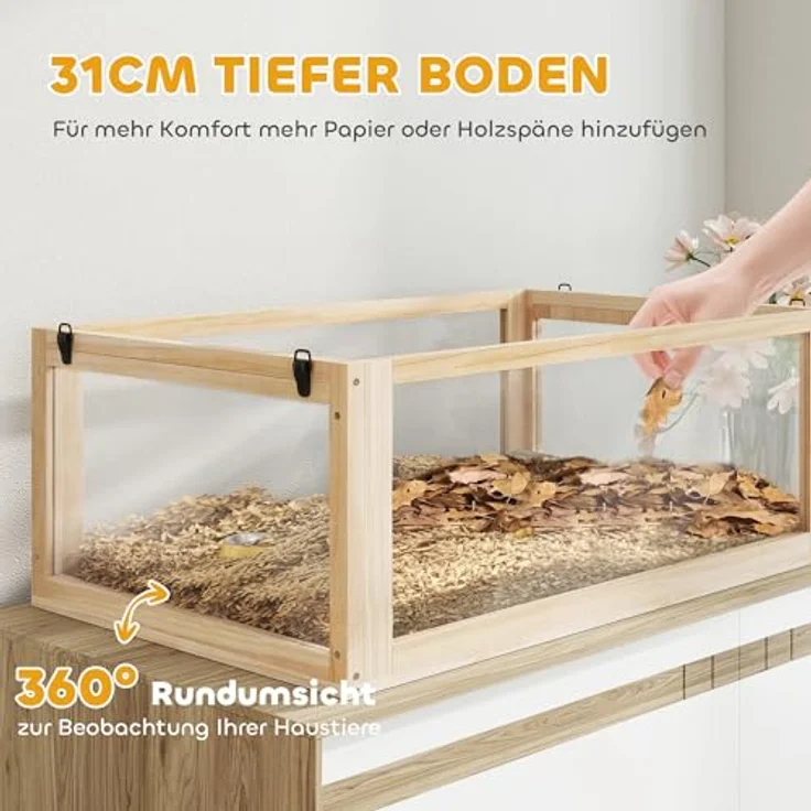 PawHut Hamsterkäfig aus Holz 3 Etagen, 80 x 50 x 76 cm, mit Wippe, Laufrad und tiefem Untergeschoss für Zwerghamster, Naturholz – Bild 4