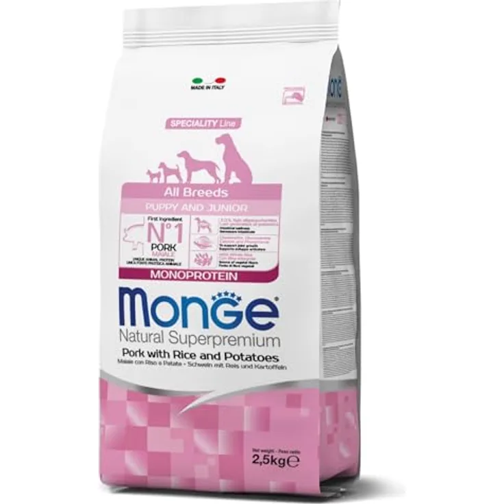 Monge Natural Superpremium Puppy and JUNIOR Hundefutter, mit Schwein, Reis & Kartoffeln, ballaststoff- und vitaminreich, 2,5 kg