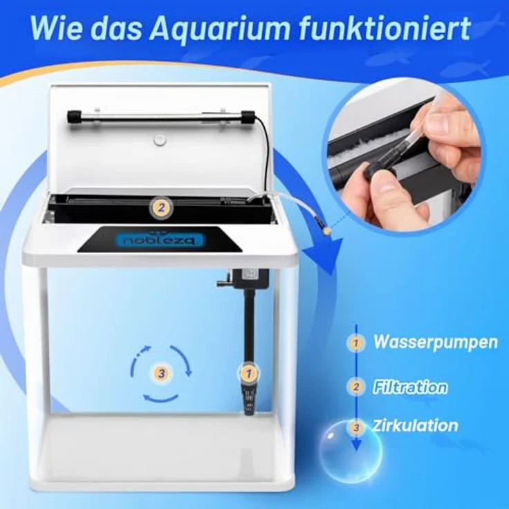 Nobleza Glas 30L Mini Aquarium Komplettset, Nano Aquarium mit LED-Beleuchtung und eingebautem Filtersystem, Weiß – Bild 4
