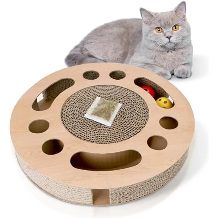 Nobleza 3-in-1 Katzenkratzbrett mit Minze, interaktives Spielzeug mit 2 Klingelballs aus Wellpappe – Bild 1