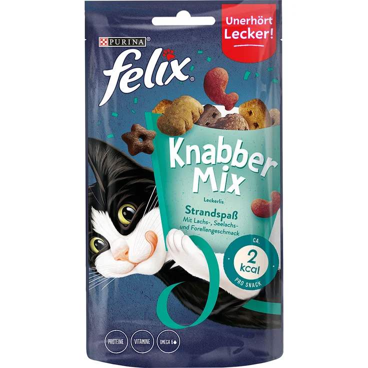 Felix KnabberMix - Sparpaket: Strandspaß, 3 x 60 g, knusprige Katzensnacks mit Vitaminen und Omega-6-Fettsäuren, ohne künstliche Farbstoffe