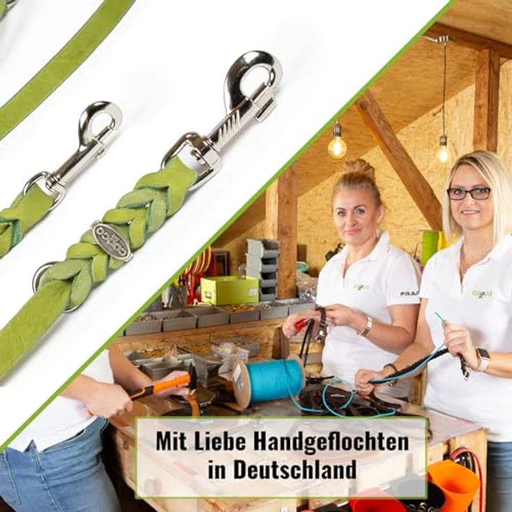 CopcoPet Hundeleine Leder 2m, verstellbare Fettlederleine für kleine Hunde, geflochten mit Chrombeschlägen, grün 10mm – Bild 3