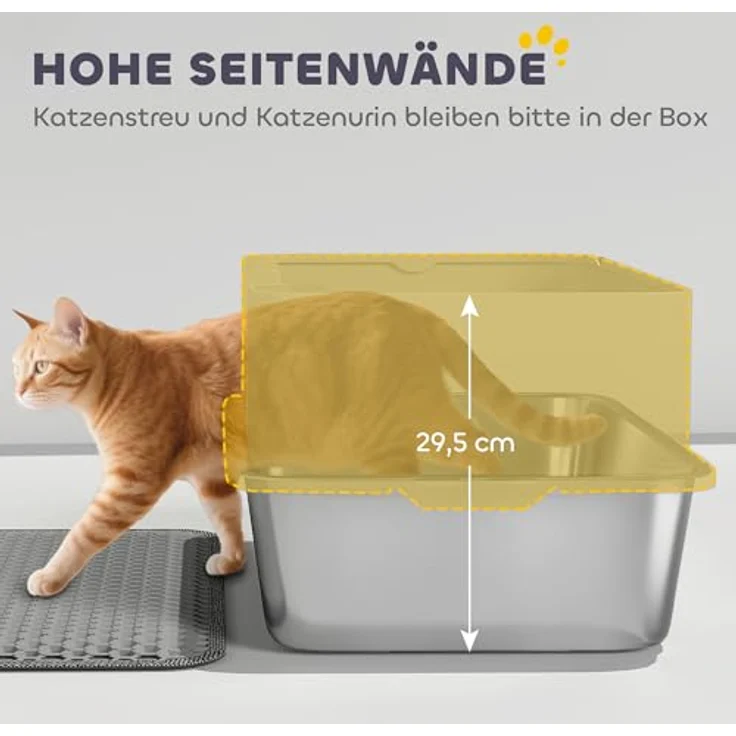 PawHut Katzentoilette Edelstahl Offene Katzenklo mit Schaufel, hohe Wände und Matte, für große Katzen bis 7 kg, 60,2 x 40,2 x 29,5 cm, Grau – Bild 4