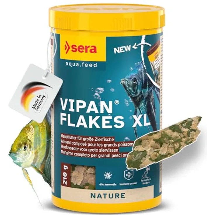 sera Vipan Nature Flakes XL 1L (210g) | Fischfutter für Zierfische mit 4% Insektenmehl | Naturnahe Ernährung für gesundes Wachstum | Formstabile Großflocken für klare Wasseroberfläche