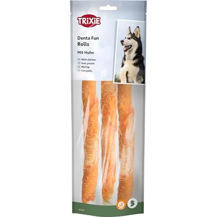 TRIXIE Denta Fun Rolls, Kausnacks für mittelgroße bis große Hunde, Rinderhaut mit Hühnchenfilet ummantelt, 3 Stück, 28 cm, 250 g, glutenfrei – Bild 1