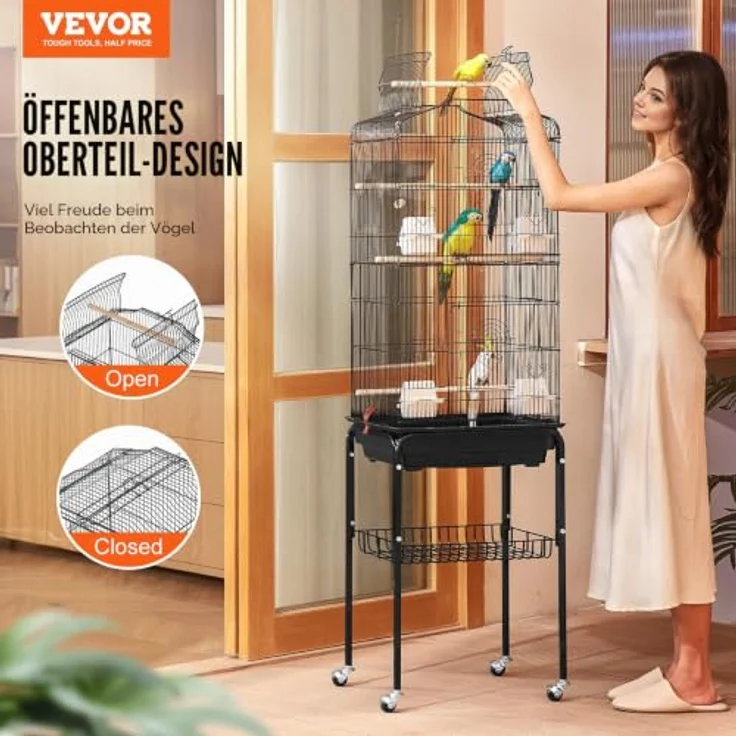 VEVOR Vogelkäfig 45,7x35,5x151cm, Vogelvoliere mit offener Oberseite, 4 Sitzstangen und rollbarem Ständer, herausnehmbares Tablett, für Wellensittiche und Papageien – Bild 2