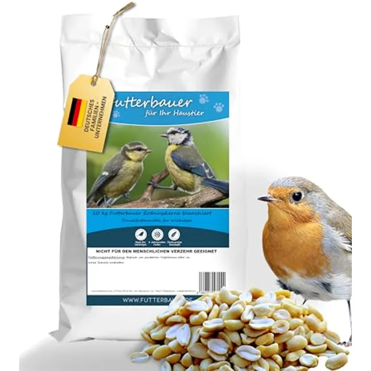 Futterbauer Erdnüsse blanchiert, 10 kg weiße & schalenlose Erdnusskerne für Wildvögel & Eichhörnchen, hochwertiges Vogelfutter, Ambrosia kontrolliert
