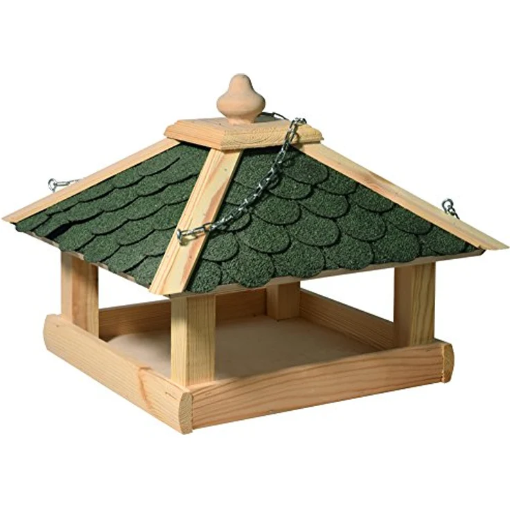 dobar 44256e Klassisches Vogelhaus aus Holz (Kiefer) für Garten, Balkon, mit grünen Bitumenschindeln, stabiler Metallkette zum Aufhängen - Vogelhäuschen Vogel-Futterhaus – Bild 3