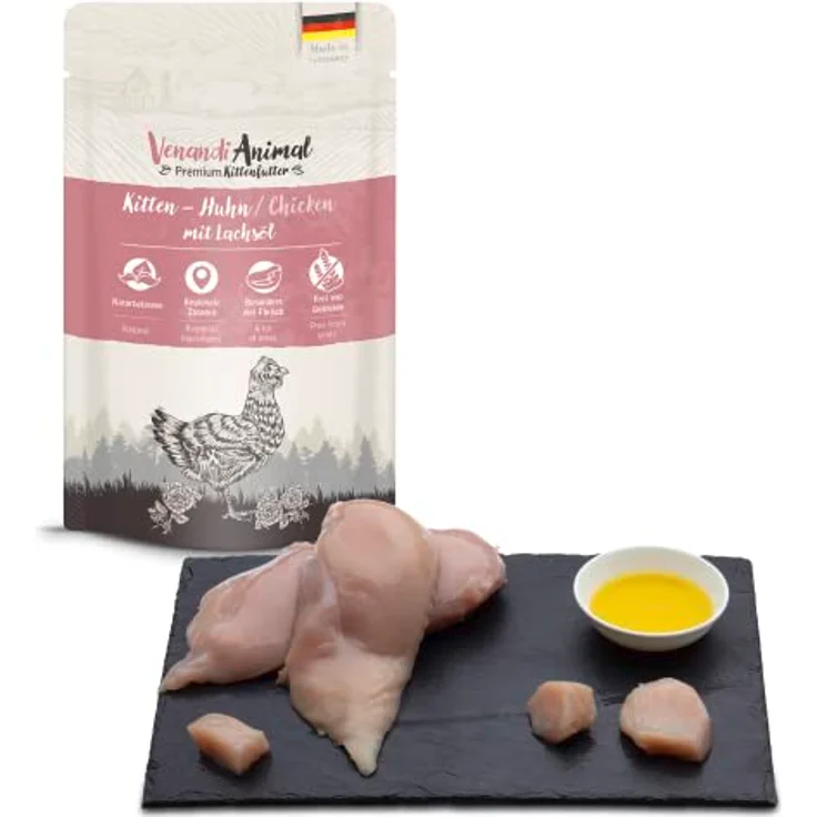 Venandi Premium Nassfutter für Katzen - Kitten - Huhn mit Lachsöl, 125g, getreidefrei, extra viel Fleisch – Bild 2