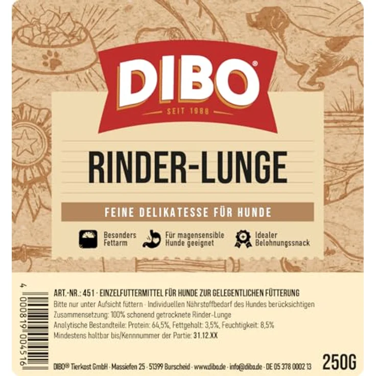 DIBO Rinder-Lunge getrocknet, 250g Naturkausnack, fettarm, kalorienarm, ohne Zusätze für Hunde, ideal für Training, Diät, Welpen & Senioren – Bild 3